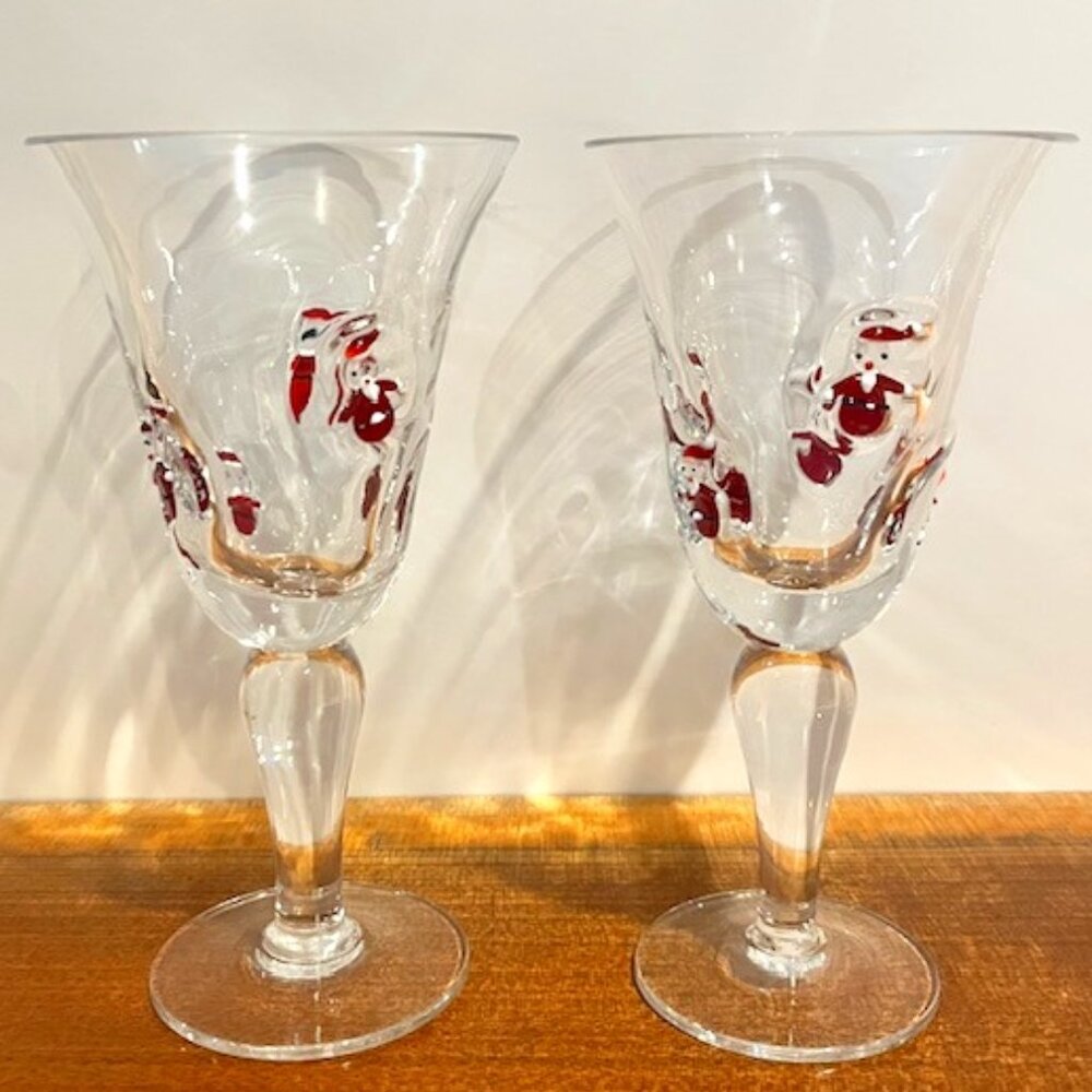 Set of (2) Crate & Barrel 8oz Blown Glass Fused Santa Wine Goblets Glasses